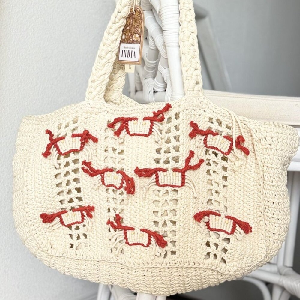 Handmade Crochet Cotton Beach Bag Crab Satchel Jumbo Tote Nautical Red White NWT - Picture 2 of 13